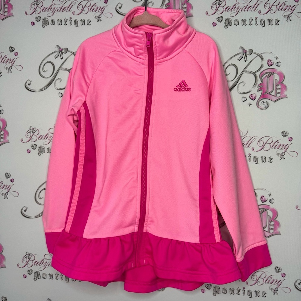 Adidas sweater zip up ruffle frilly bottom neon pink track jacket striped